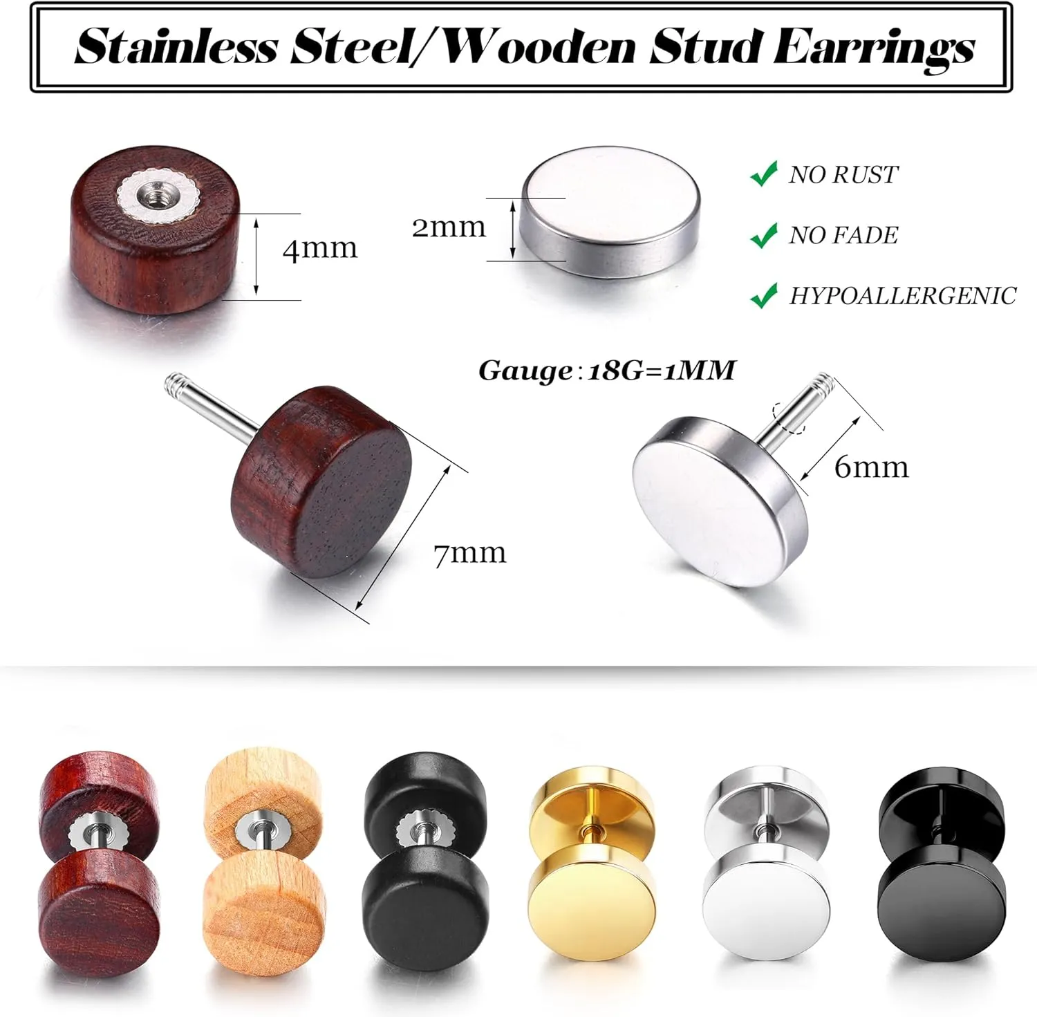 FIBO STEEL 6 Pairs Stud Earrings for Men Women Flat Back Ear Piercing Ear Plugs Tunnel Fake Gauge Earrings 18G