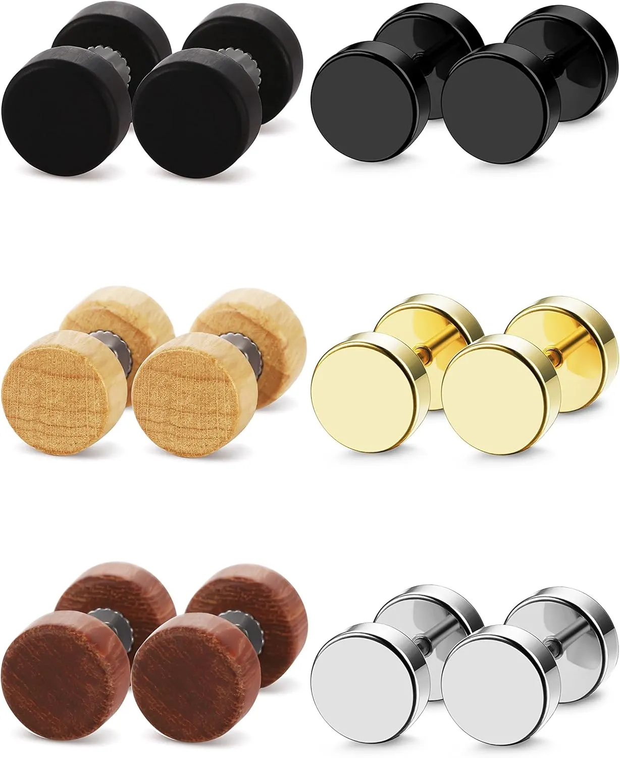 FIBO STEEL 6 Pairs Stud Earrings for Men Women Flat Back Ear Piercing Ear Plugs Tunnel Fake Gauge Earrings 18G