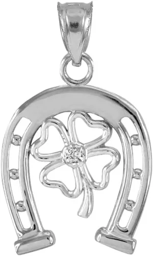 Fine 925 Sterling Silver Lucky Horseshoe with Irish 4-Leaf Clover CZ Pendant