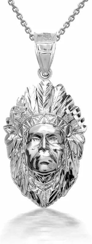 Fine .925 Sterling Silver Native American Chief Head Pendant Necklace - Choice of Pendant Only or Chain Length