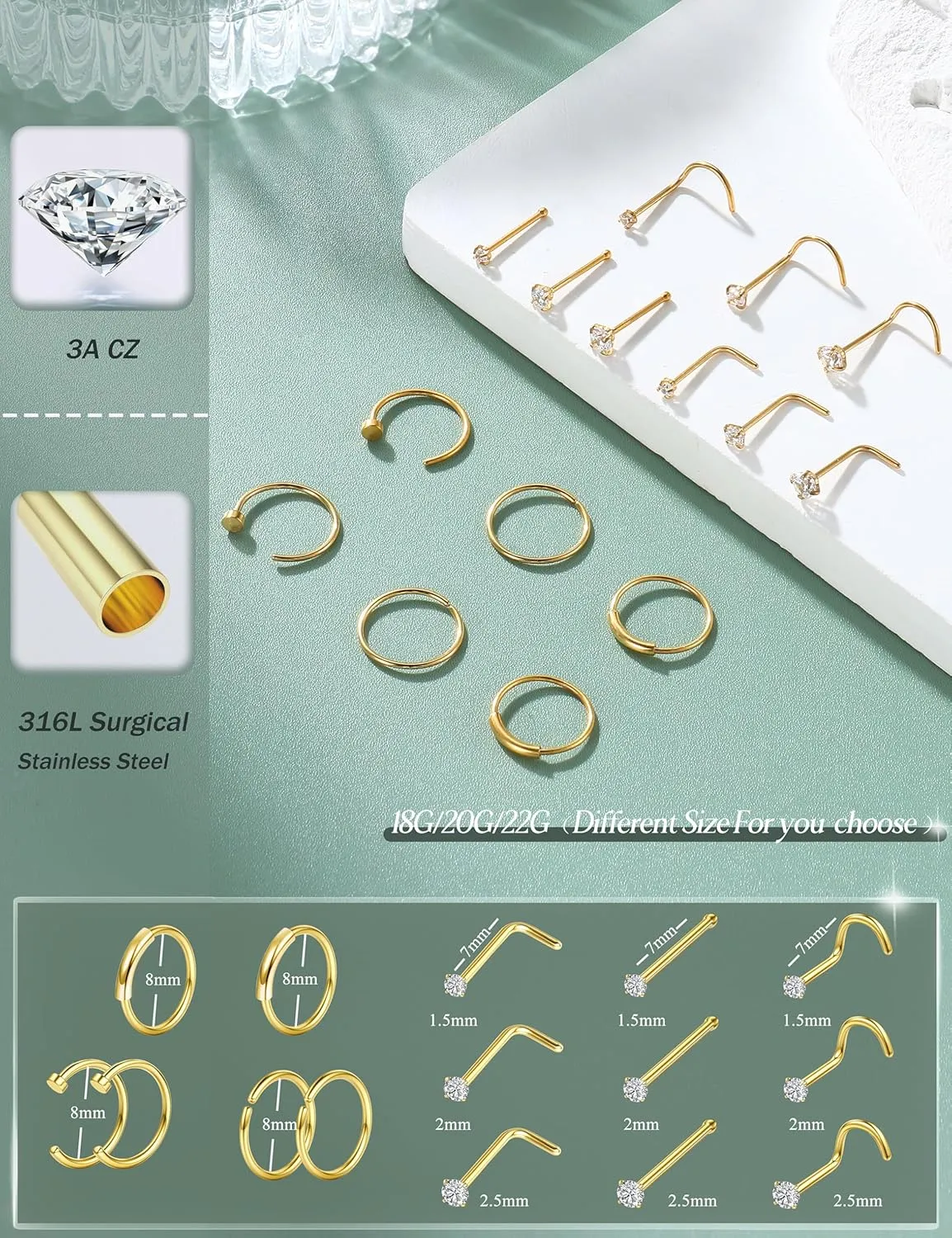 FINREZIO 15PCS 22G 20G 18G Surgical Steel Nose Rings Hoop Studs Cartilage Earrings Body Piercing Jewelry 1.5mm 2mm 2.5mm CZ