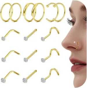 FINREZIO 15PCS 22G 20G 18G Surgical Steel Nose Rings Hoop Studs Cartilage Earrings Body Piercing Jewelry 1.5mm 2mm 2.5mm CZ