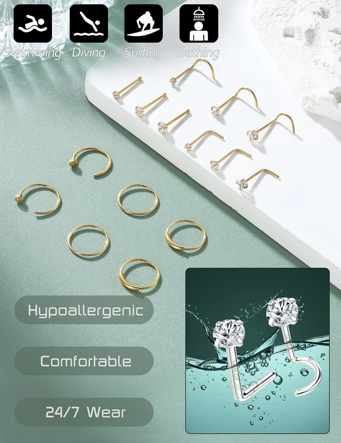 FINREZIO 15PCS 22G 20G 18G Surgical Steel Nose Rings Hoop Studs Cartilage Earrings Body Piercing Jewelry 1.5mm 2mm 2.5mm CZ