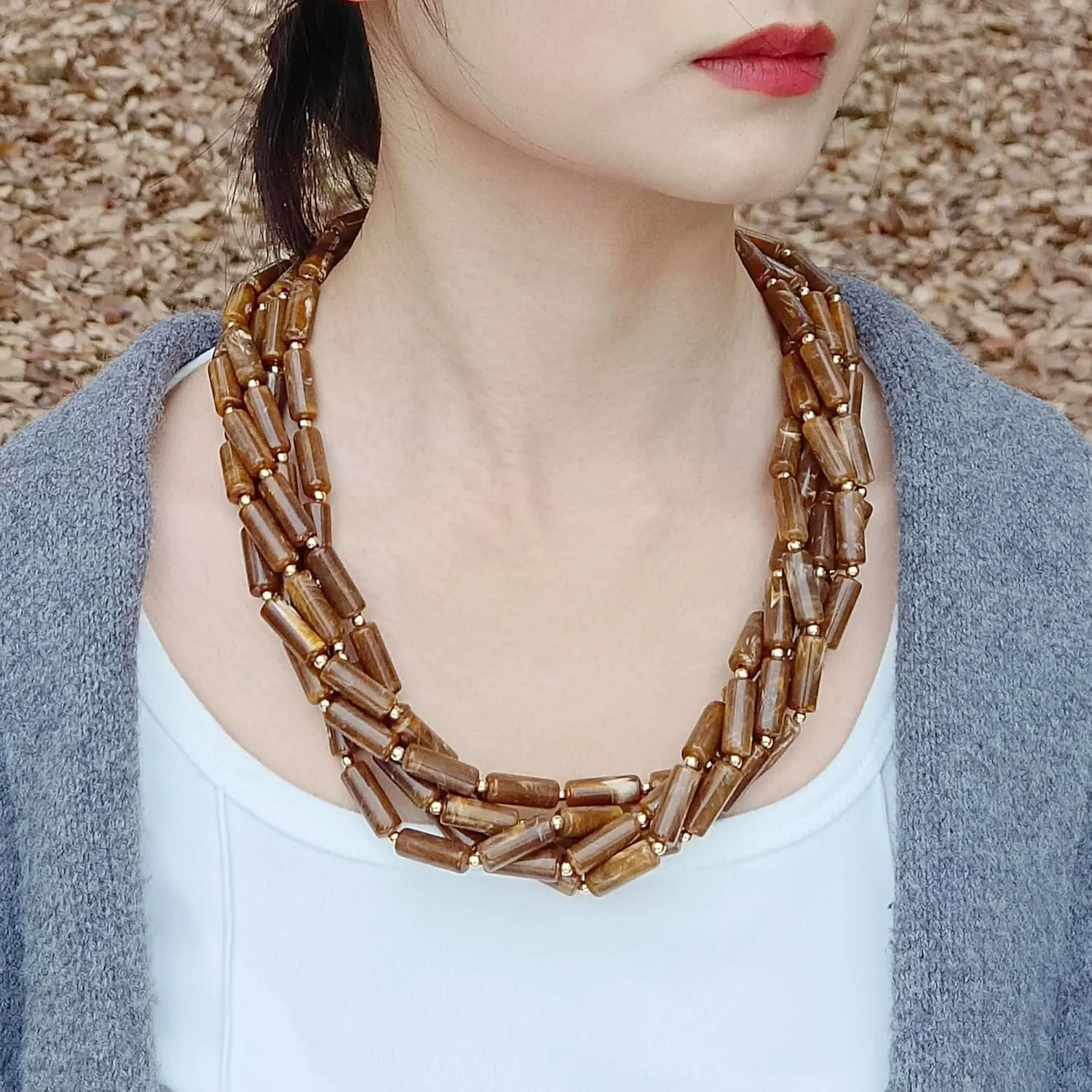 Firstmeet Chunky Beads Necklace Acrylic 5-Layer Jewelry Statement Necklace Handmade Strand
