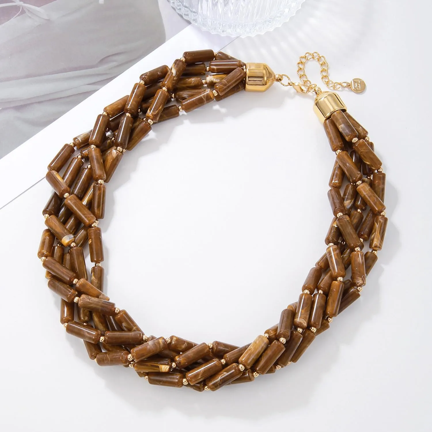 Firstmeet Chunky Beads Necklace Acrylic 5-Layer Jewelry Statement Necklace Handmade Strand