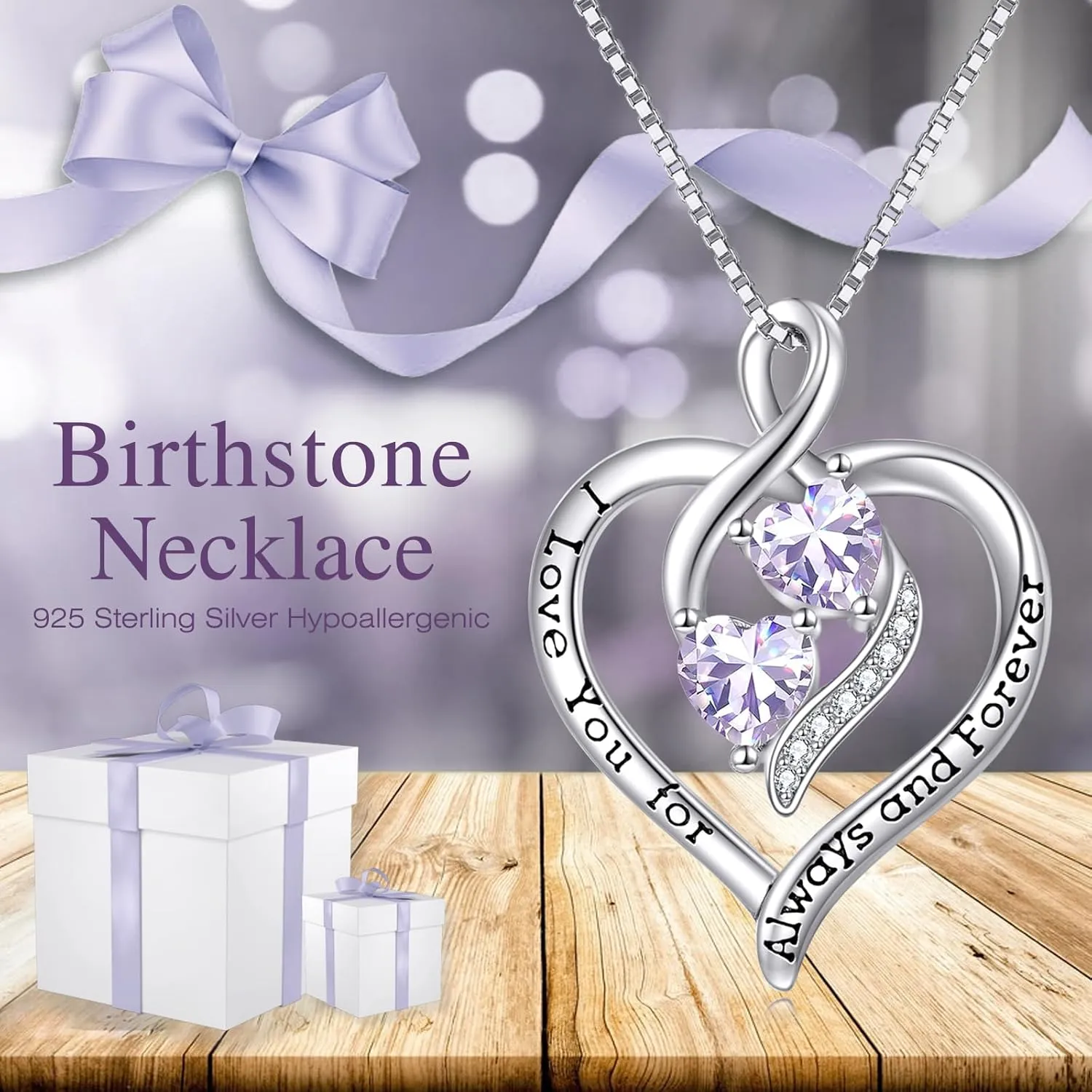 Forever Love Heart Birthstone Necklaces for Women 925 Sterling Silver Women Pendant Necklace, Mothers Day Birthday Anniversary Jewelry Gift for Woman Mother Mom Wife Her