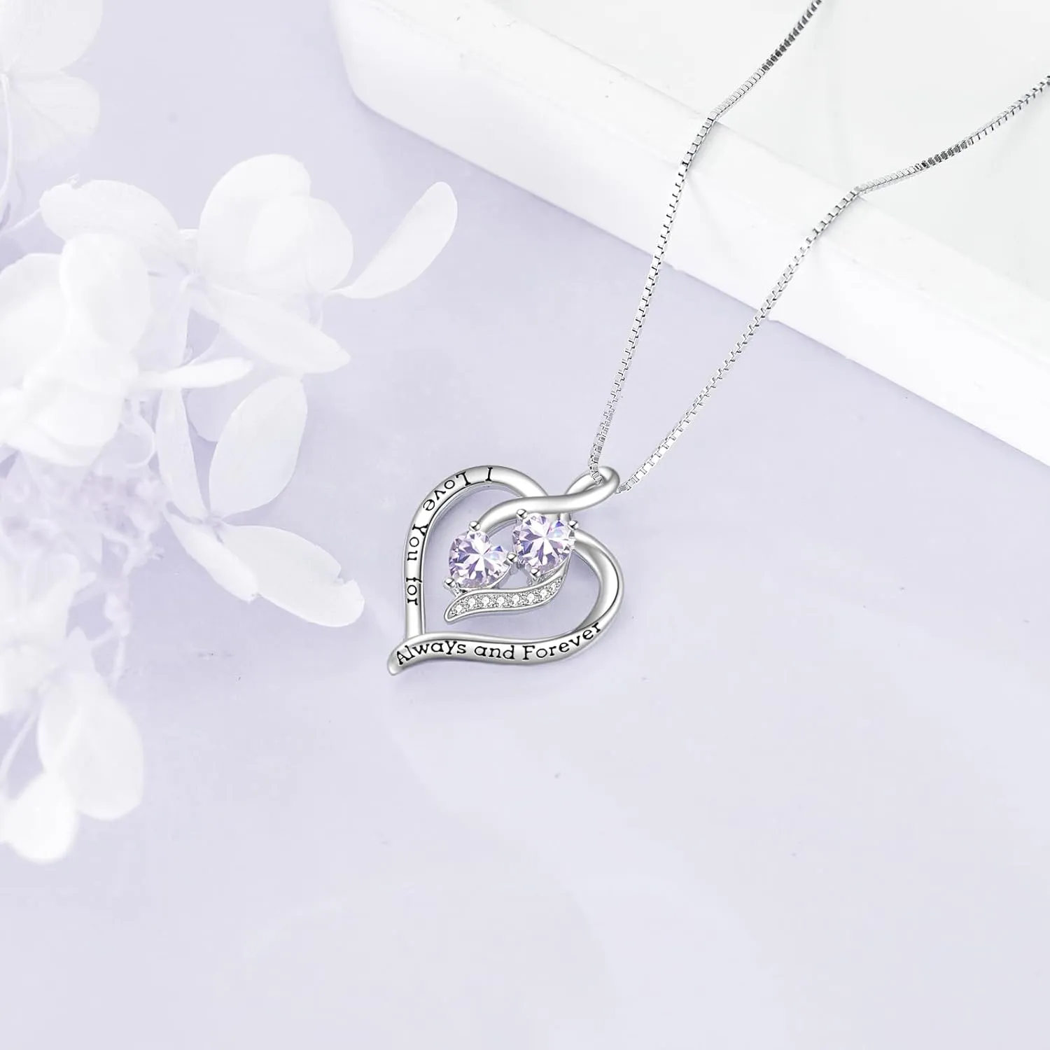 Forever Love Heart Birthstone Necklaces for Women 925 Sterling Silver Women Pendant Necklace, Mothers Day Birthday Anniversary Jewelry Gift for Woman Mother Mom Wife Her