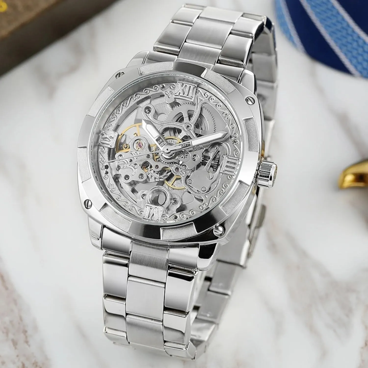 FORSINING Luxury Gold Series Transparent Case 3D Logo Stainless Steel Automatic Self Wind Men Mechanical Skeleton Watches