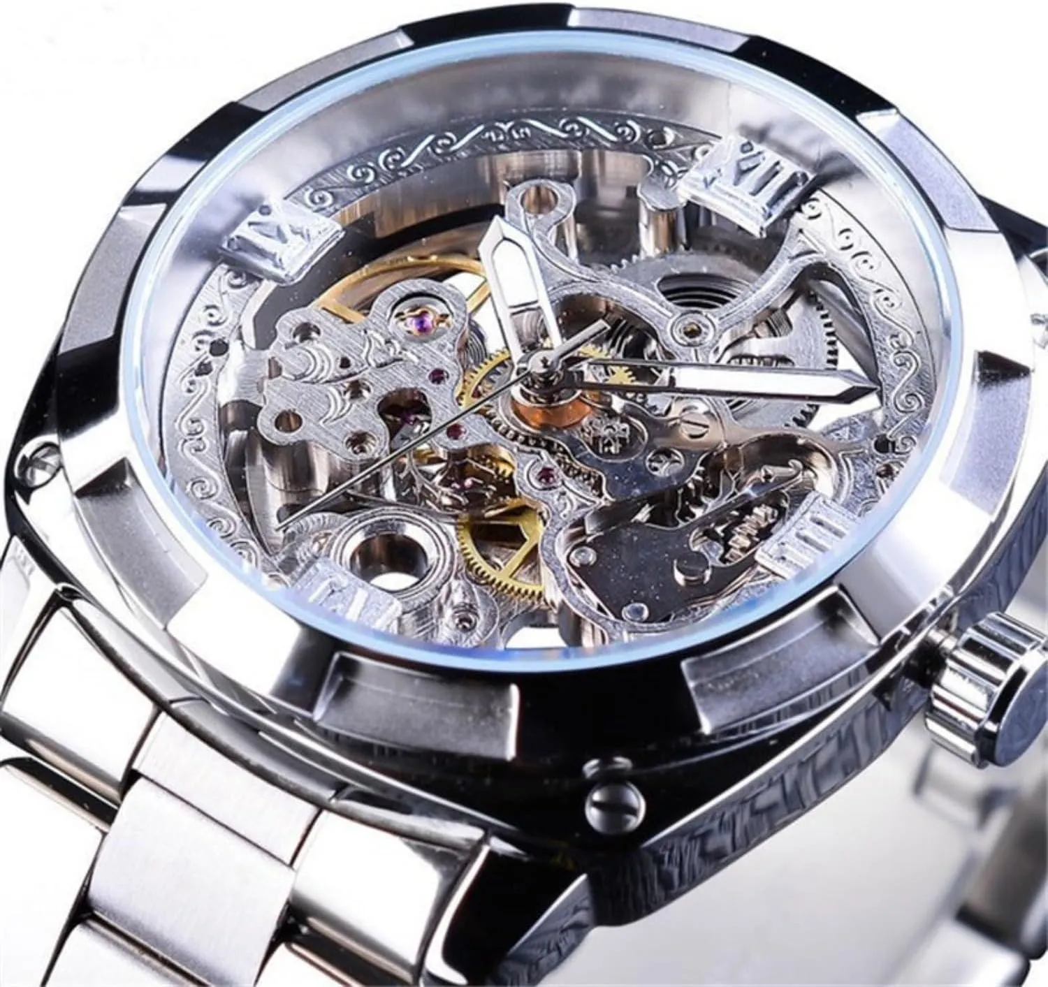 FORSINING Luxury Gold Series Transparent Case 3D Logo Stainless Steel Automatic Self Wind Men Mechanical Skeleton Watches
