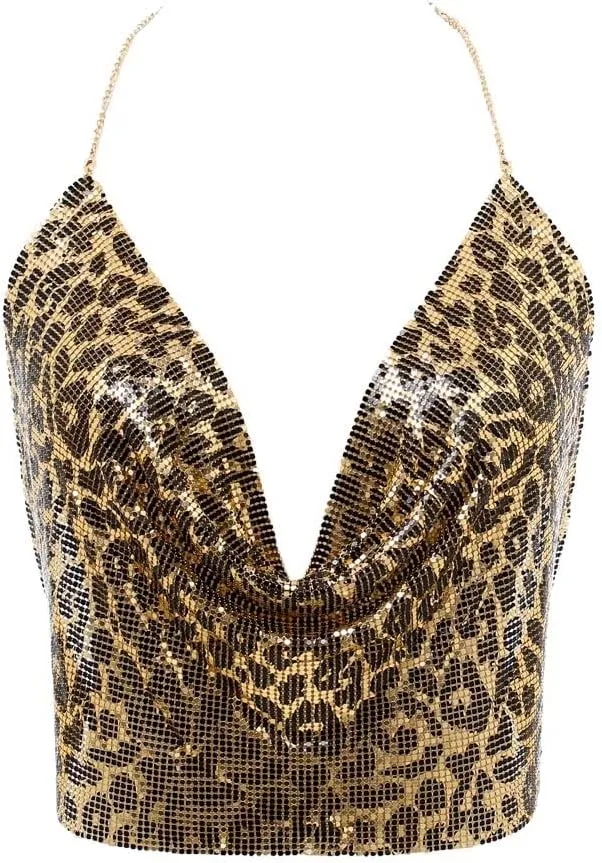 Foyte Boho Sequins Body Chain Shiny Top Deep V Neck Bra Body Jewelry Bikini Crop Top Shirt Waist Chains Nightclub Party Body Jewelry Accessory for Women