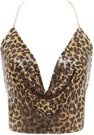 Foyte Boho Sequins Body Chain Shiny Top Deep V Neck Bra Body Jewelry Bikini Crop Top Shirt Waist Chains Nightclub Party Body Jewelry Accessory for Women