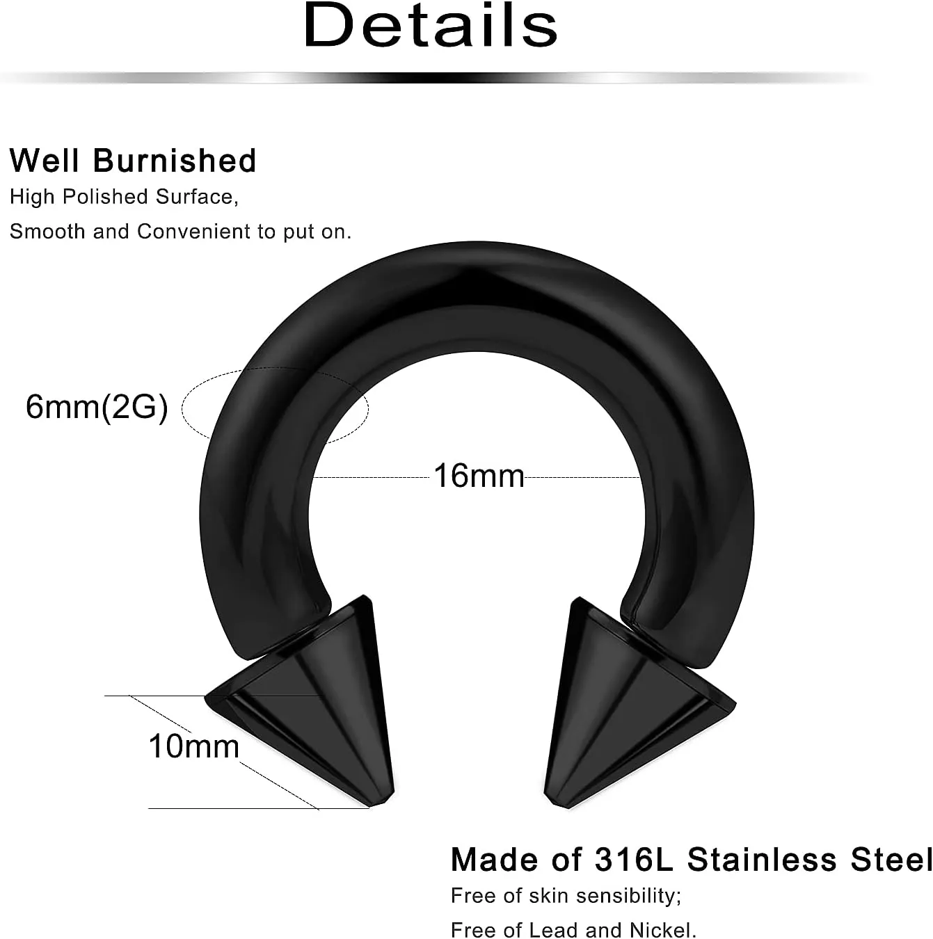 Ftovosyo PA Ring Internally Threaded Spike Circular Barbells Horseshoe Black Large Septum Ring Ear Gauges Earrings 2G 4G 6G 8G 12mm/16mm Surgical Steel Pierced Body Jewelry for Women Men
