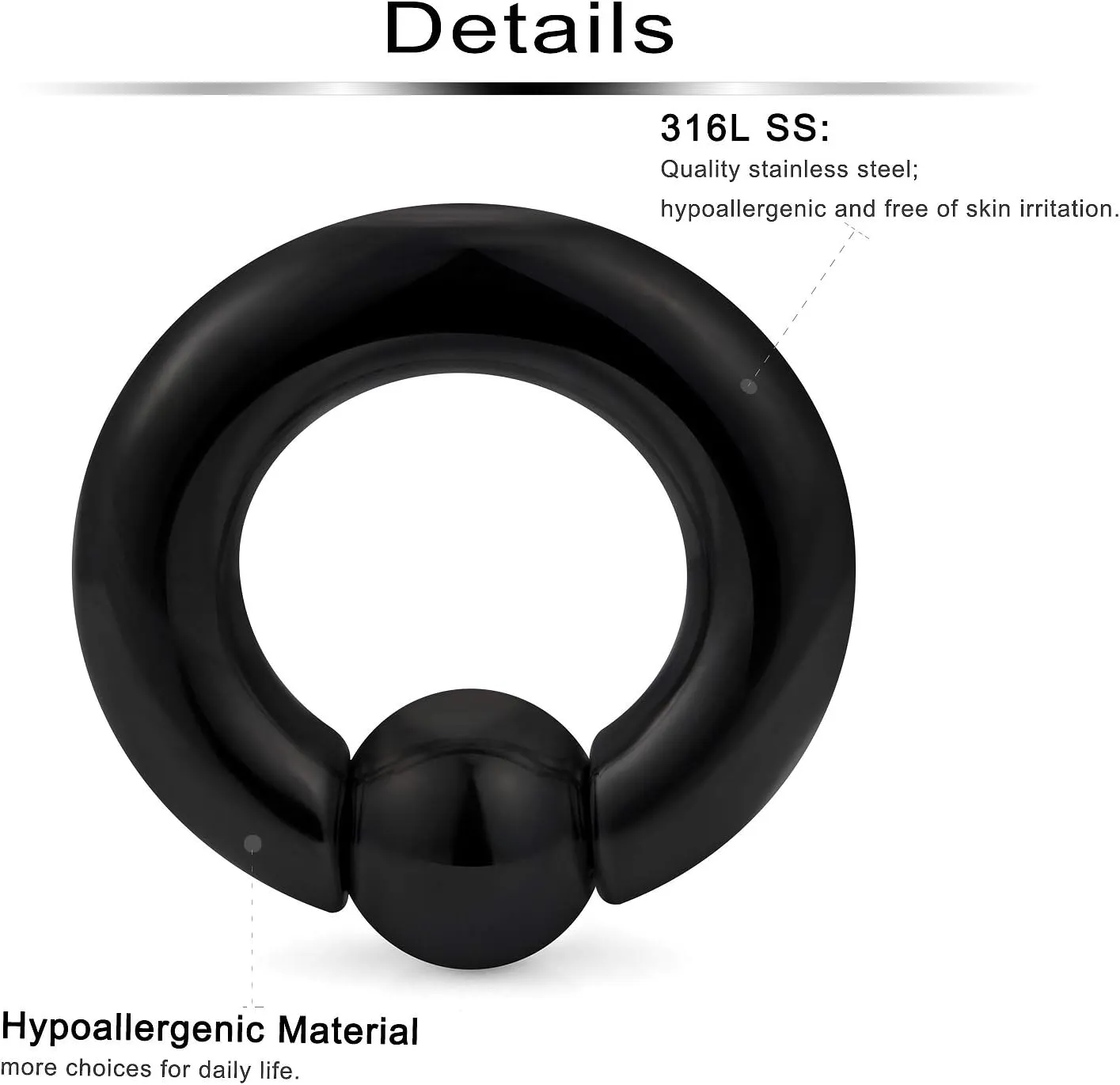 Ftovosyo PA Rings Captive Bead Rings Black Spring Action CBR Screwball Rings Large Septum Ring Ear Gauges Earrings 2G 4G 6G 8G 316L Surgical Steel Pierced Body Jewelry 1Pair