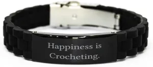 Funny Crocheting Black Glidelock Clasp Bracelet, Happiness is Crocheting, Present For Friends, Nice Gifts From Friends, Friends bracelet, Black bracelet, Bracelet gift, Friendship bracelet