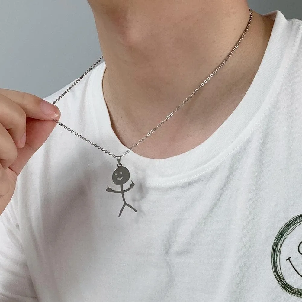 Funny Doodle Necklace Personalized Smile Middle Finger Pendant Necklace Unique Stainless Steel Necklace Long Distance Friendship Gift for Men Women