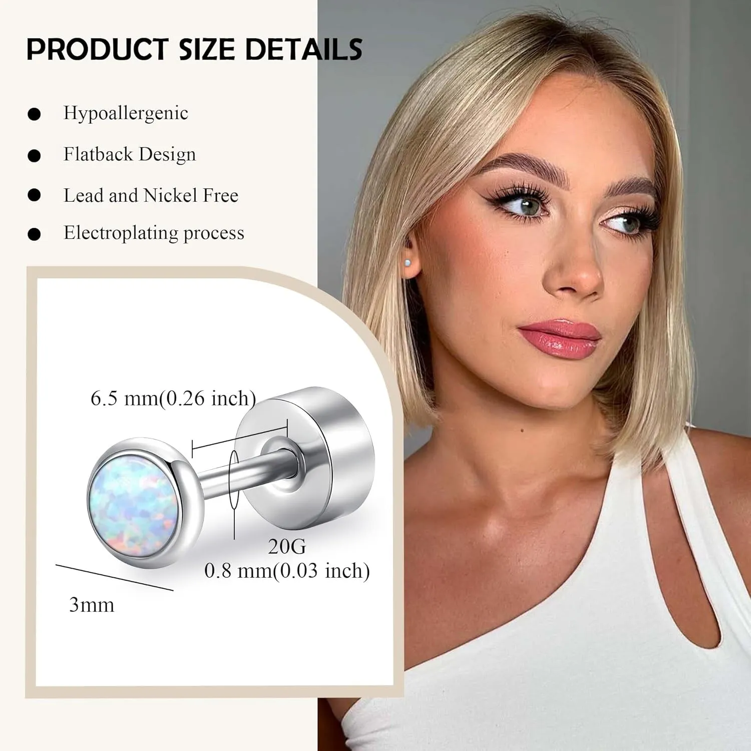 G23 Titanium Flat Back Earrings for Women, Hypoallergenic Opal Studs Earings for Multiple Piercings, Flatback Earrings Studs for Sensitive Ears, 3/4/5mm Stone Size Options-Fire and Snow