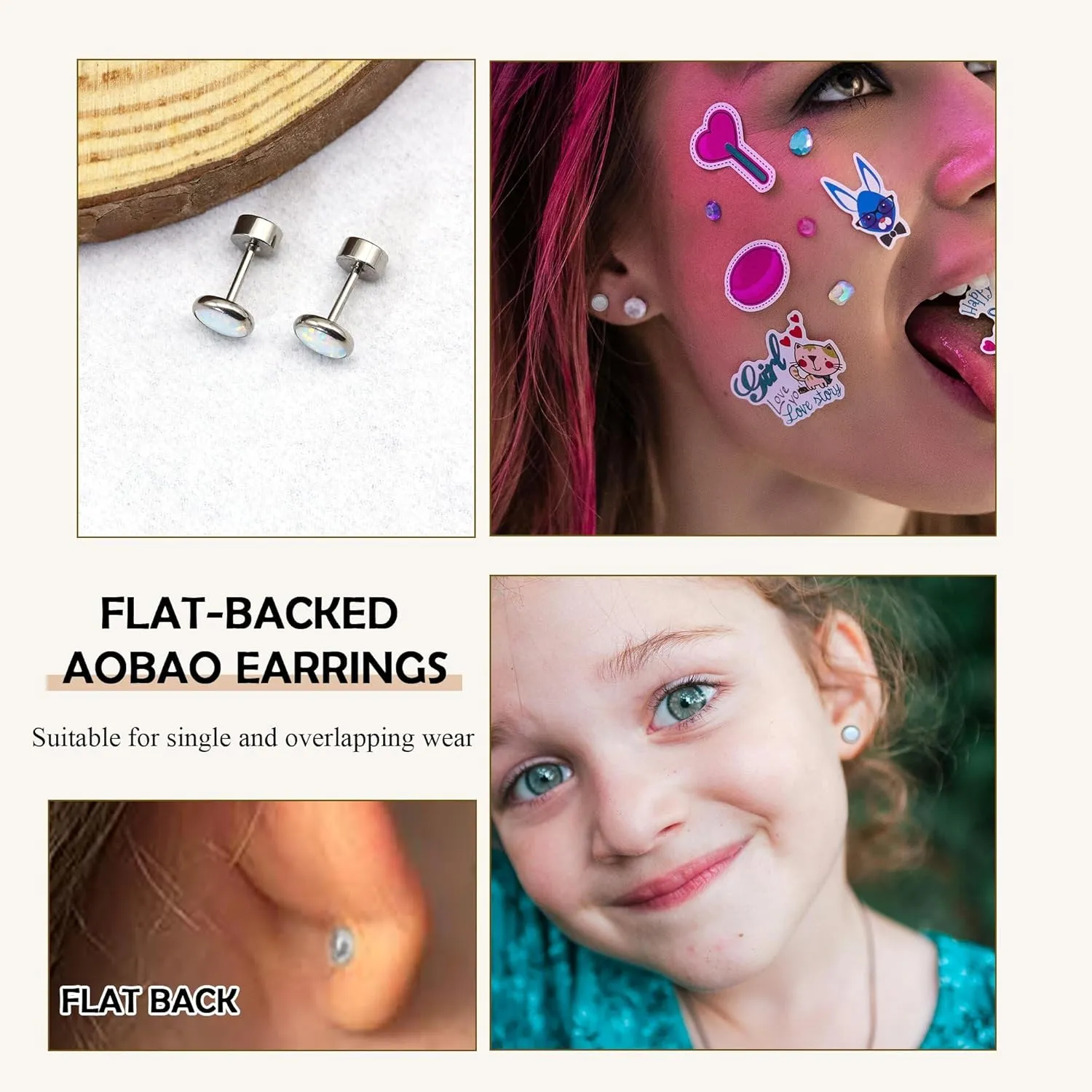 G23 Titanium Flat Back Earrings for Women, Hypoallergenic Opal Studs Earings for Multiple Piercings, Flatback Earrings Studs for Sensitive Ears, 3/4/5mm Stone Size Options-Fire and Snow