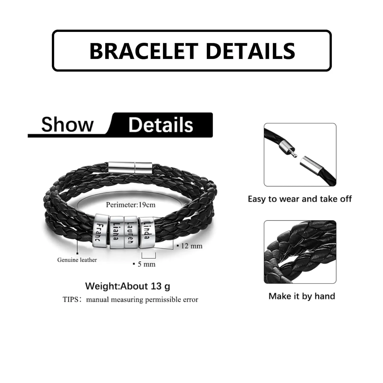 GBVXZ Mens Leather Bracelets Personalized Name Engraved Bracelet Leather Braid Bracelet Gifts for Men Dad Husband Grandpa Boyfriends (1 name)