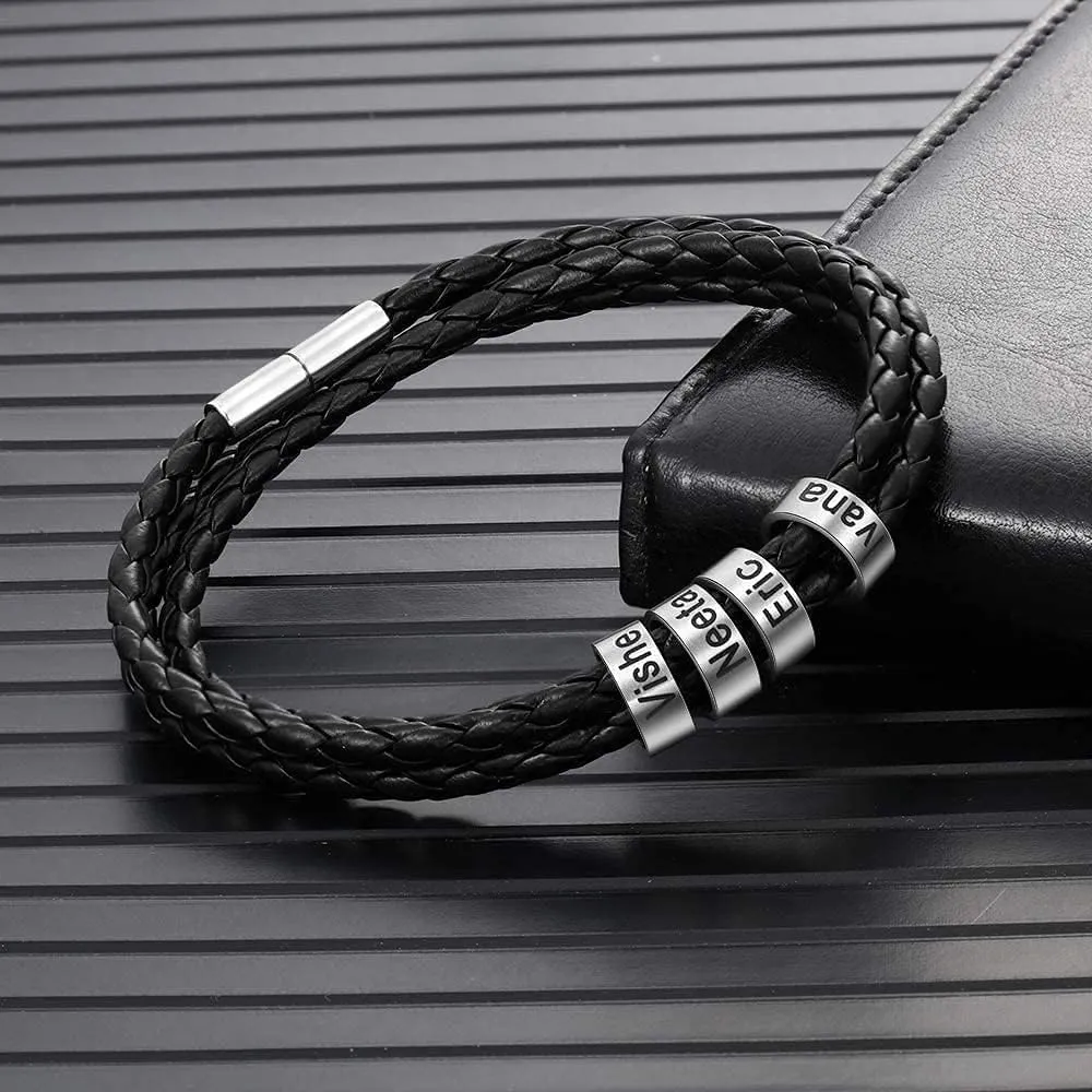 GBVXZ Mens Leather Bracelets Personalized Name Engraved Bracelet Leather Braid Bracelet Gifts for Men Dad Husband Grandpa Boyfriends (1 name)