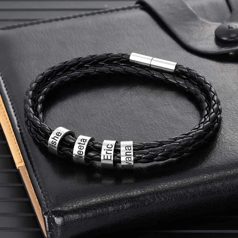 GBVXZ Mens Leather Bracelets Personalized Name Engraved Bracelet Leather Braid Bracelet Gifts for Men Dad Husband Grandpa Boyfriends (1 name)