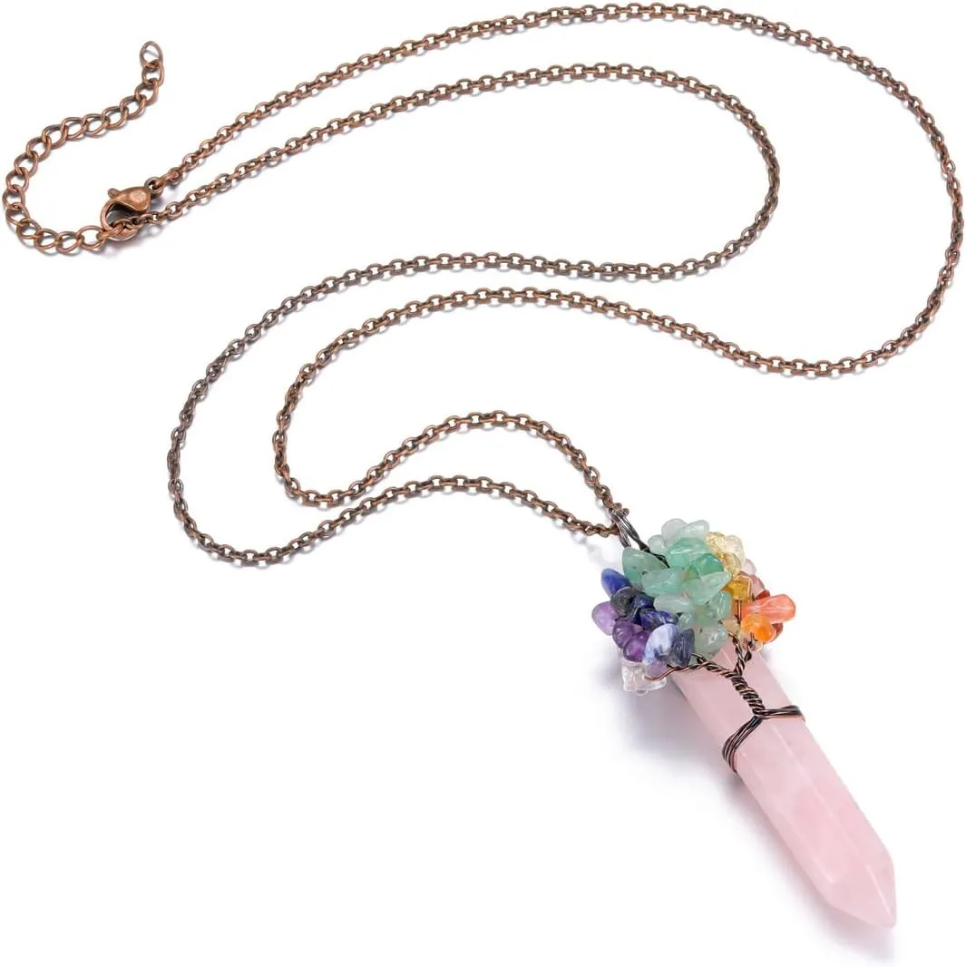 GEHECRST Chakra Crystal Necklace for Women Handmade Tree of Life Wire Wrapped Healing Crystal Points Stone Necklace Natural 7 Chakra Gemstone Pendant Necklace Jewelry Gift for Christmas