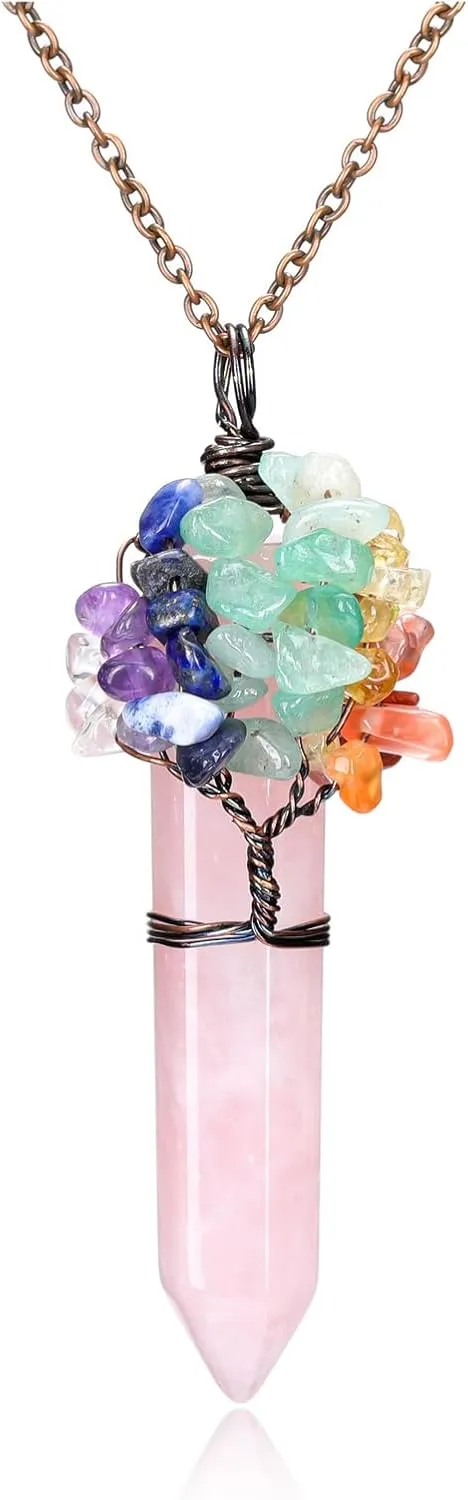 GEHECRST Chakra Crystal Necklace for Women Handmade Tree of Life Wire Wrapped Healing Crystal Points Stone Necklace Natural 7 Chakra Gemstone Pendant Necklace Jewelry Gift for Christmas