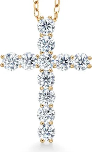 Gem Stone King 18K Yellow Gold Plated Silver White Round Moissanite Cross Pendant Necklace (1.76 Cttw, with 18 Inch Silver Chain, 1 Inch)