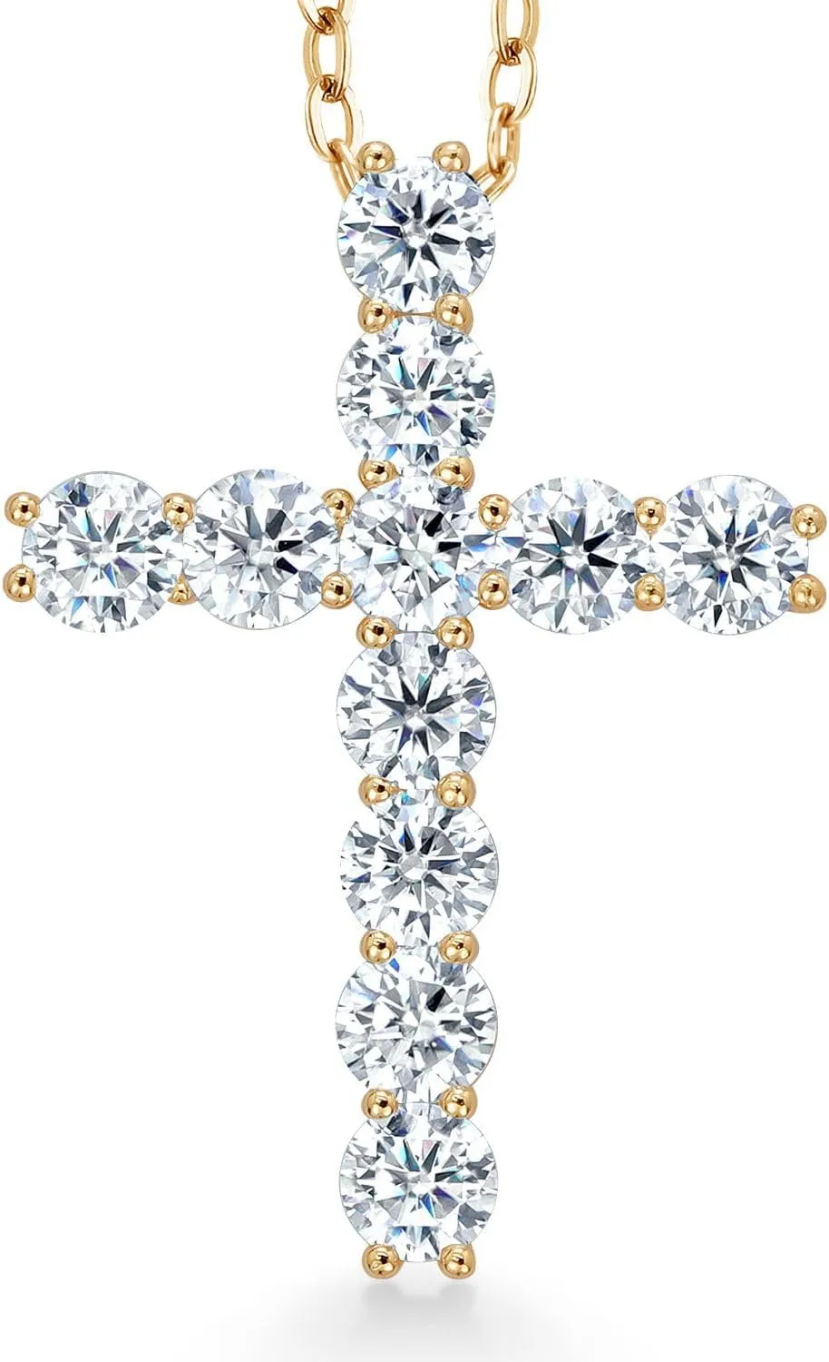Gem Stone King 18K Yellow Gold Plated Silver White Round Moissanite Cross Pendant Necklace (1.76 Cttw, with 18 Inch Silver Chain, 1 Inch)