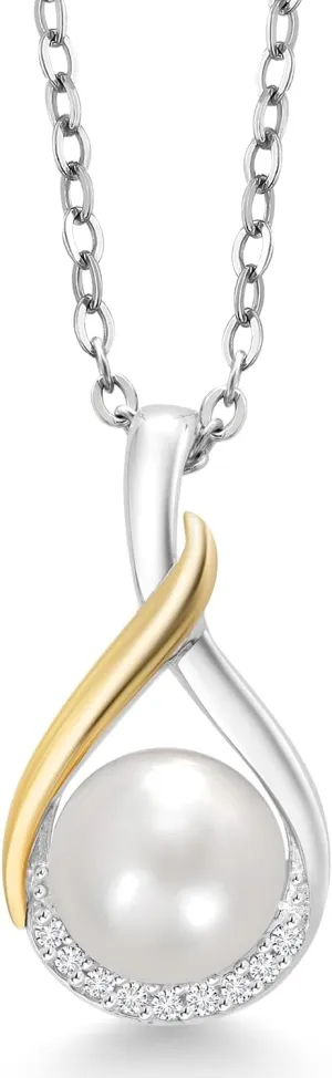 Gem Stone King 2 Tone Solid 10K Yellow Gold and 925 Sterling Silver 6.5MM Cultured Freshwater Pearl and White Lab Grown Diamond Twist Infinity Pendant Necklace For Women with 18 Inches Chain