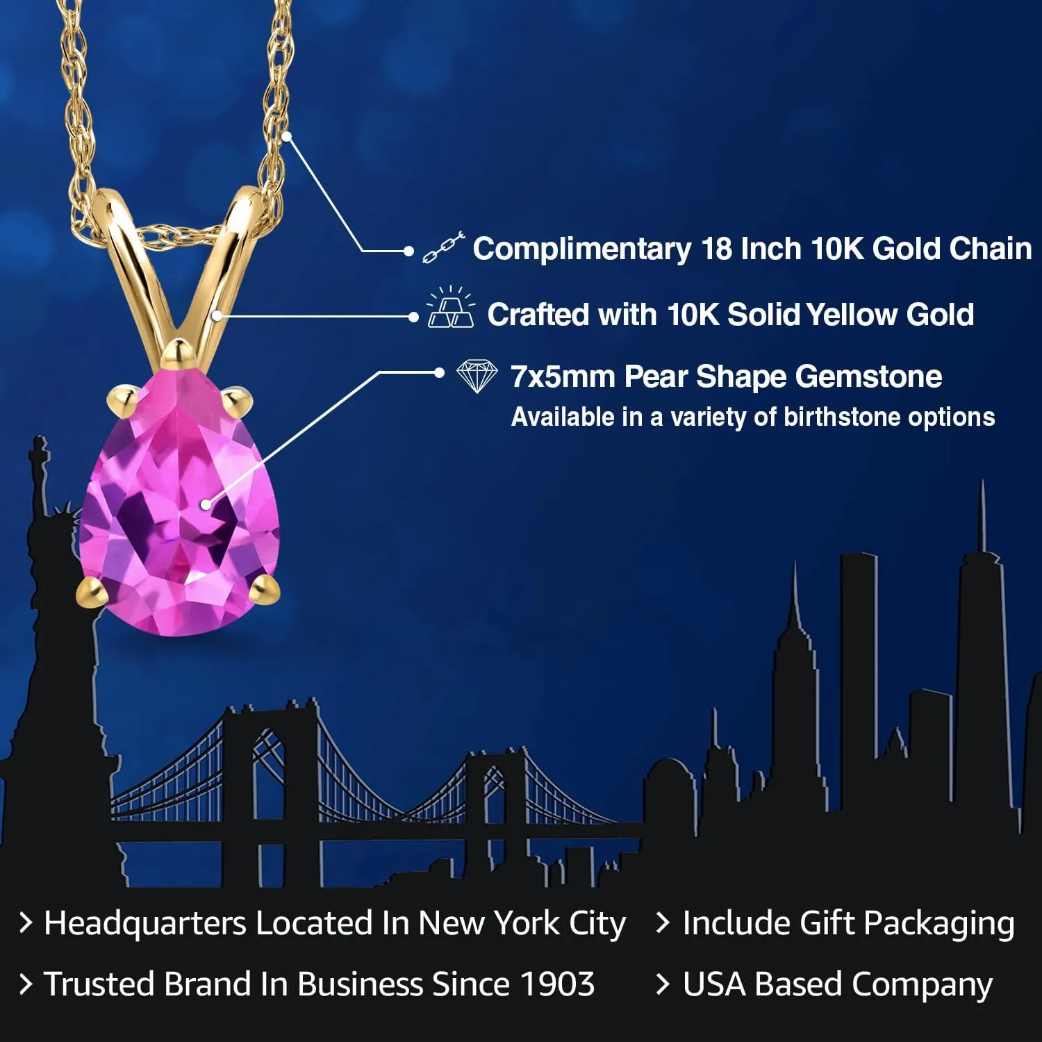 Gem Stone King 7X5MM Pear Shape Gemstone Birthstone Pendant Necklace For Women | 10K Yellow Gold | Gold Necklace | With 18 Inch Chain | Fine Jewelry Gifts for Her Mom Women Wife