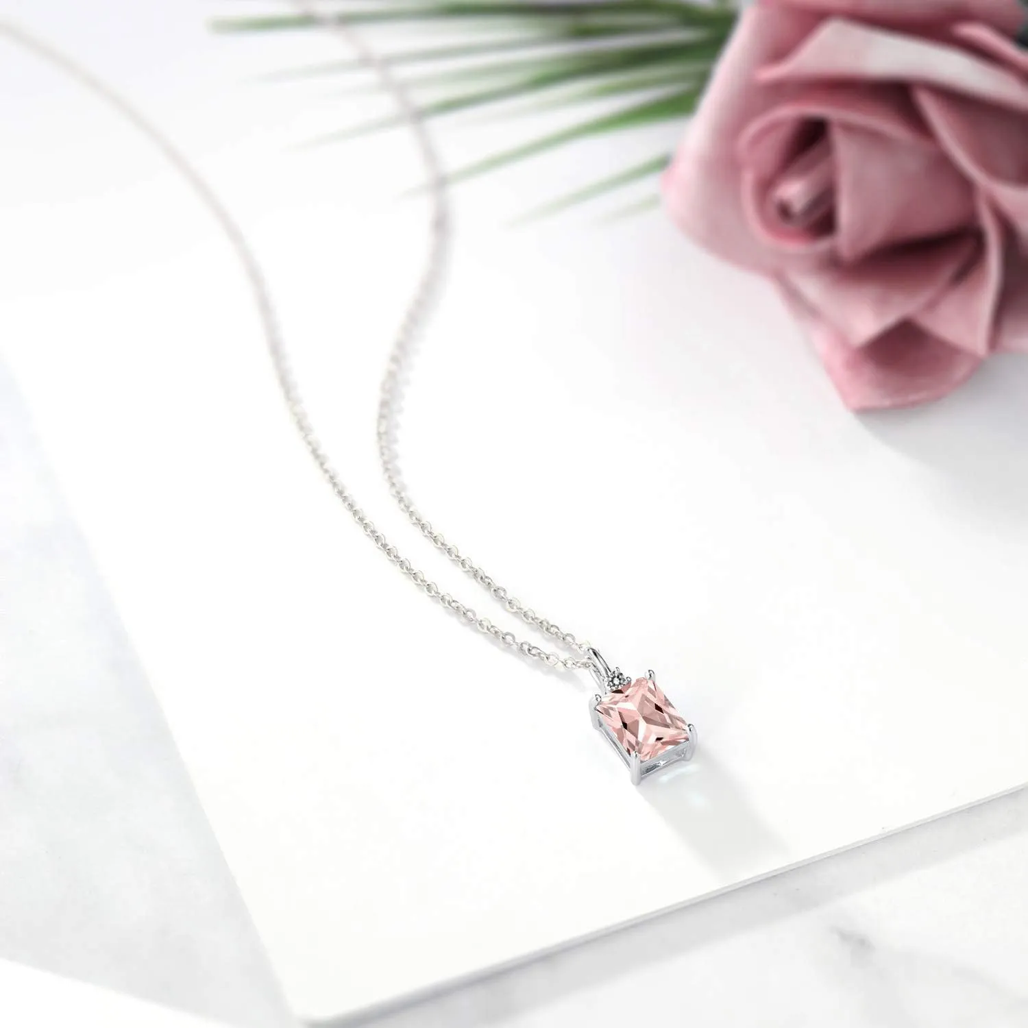 Gem Stone King 925 Sterling Silver Gemstone Birthstone and White Diamond Solitaire Pendant Necklace for Women | Emerald Cut 9X7MM and Round 2MM | With 18 Inch Chain | Fine Jewelry for Her Mom Wife