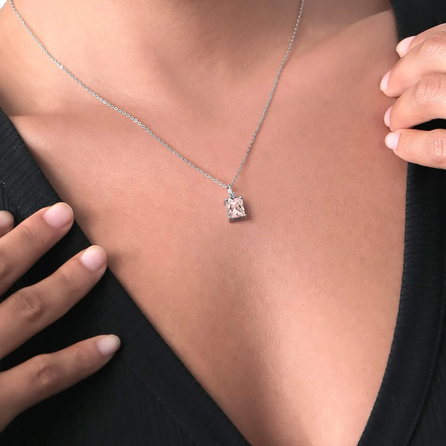 Gem Stone King 925 Sterling Silver Gemstone Birthstone and White Diamond Solitaire Pendant Necklace for Women | Emerald Cut 9X7MM and Round 2MM | With 18 Inch Chain | Fine Jewelry for Her Mom Wife