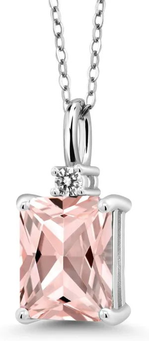 Gem Stone King 925 Sterling Silver Gemstone Birthstone and White Diamond Solitaire Pendant Necklace for Women | Emerald Cut 9X7MM and Round 2MM | With 18 Inch Chain | Fine Jewelry for Her Mom Wife
