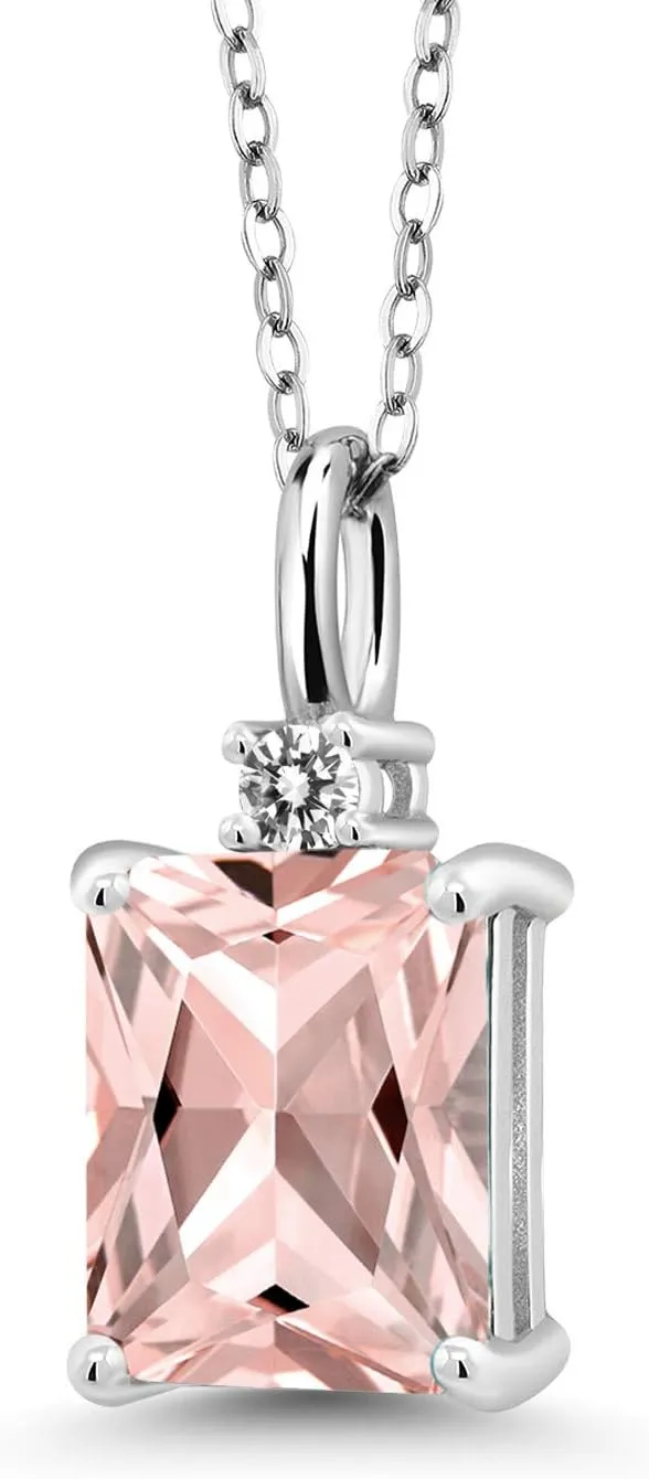 Gem Stone King 925 Sterling Silver Gemstone Birthstone and White Diamond Solitaire Pendant Necklace for Women | Emerald Cut 9X7MM and Round 2MM | With 18 Inch Chain | Fine Jewelry for Her Mom Wife
