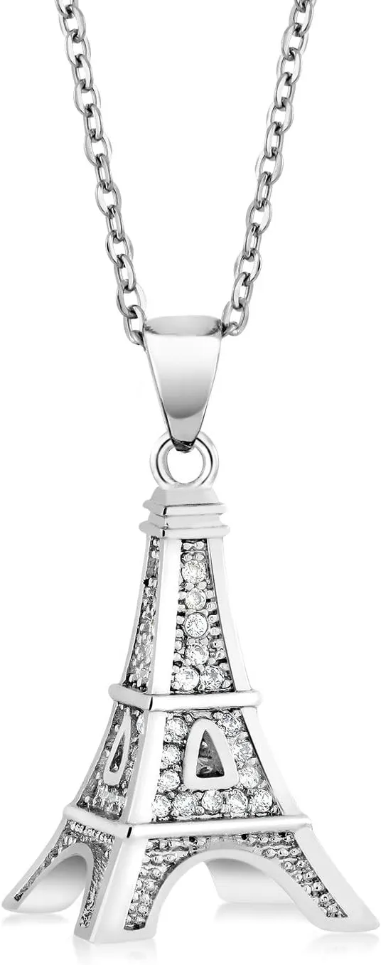 Gem Stone King France Eiffel Tower Pendant Necklace for Women | White Zirconia Set in 925 Sterling Silver | 0.5 Inch | with 18 Inch Complimentary Chain