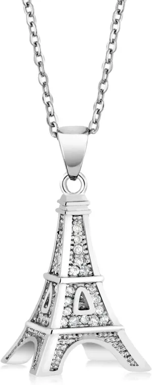 Gem Stone King France Eiffel Tower Pendant Necklace for Women | White Zirconia Set in 925 Sterling Silver | 0.5 Inch | with 18 Inch Complimentary Chain