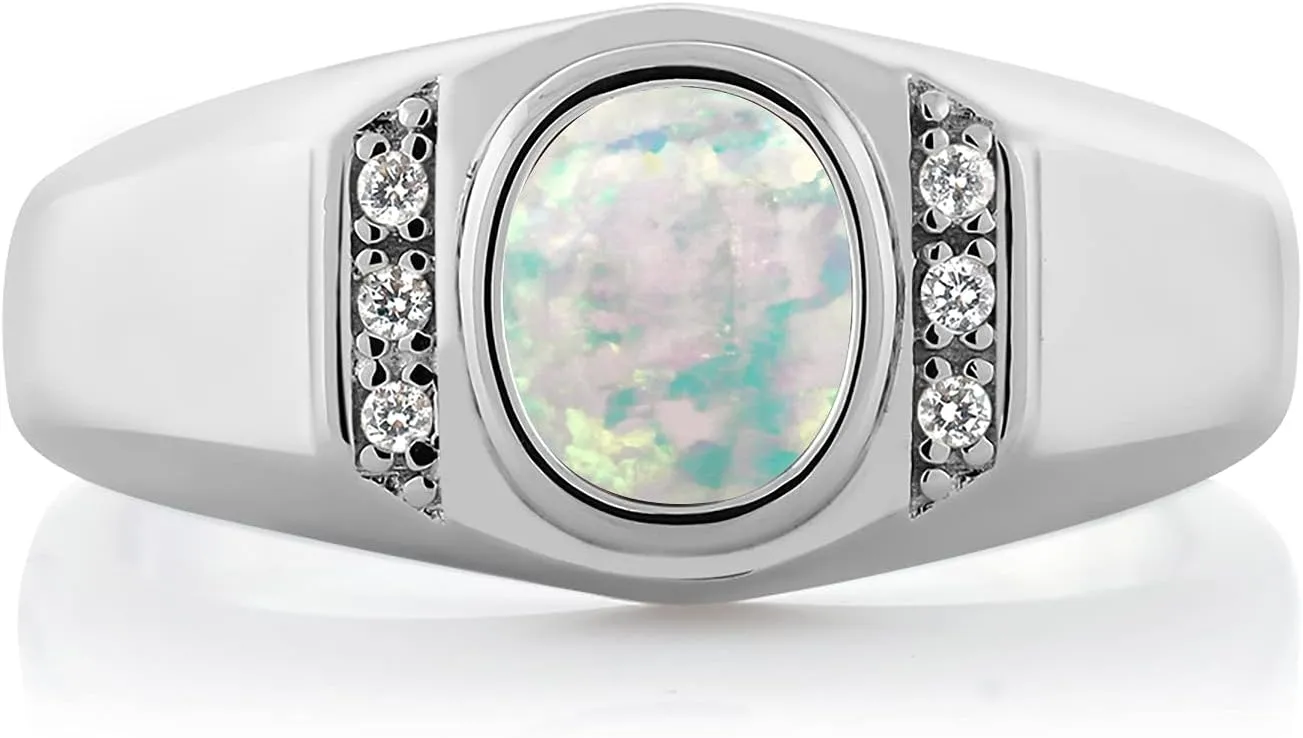 Gem Stone King Men's Gemstone Birthstone and White Created Sapphire Ring in 925 Sterling Silver | Oval Cut 8X6MM with Round 1.25MM Accents | Fine Jewelry For Men | Sizes 7-13