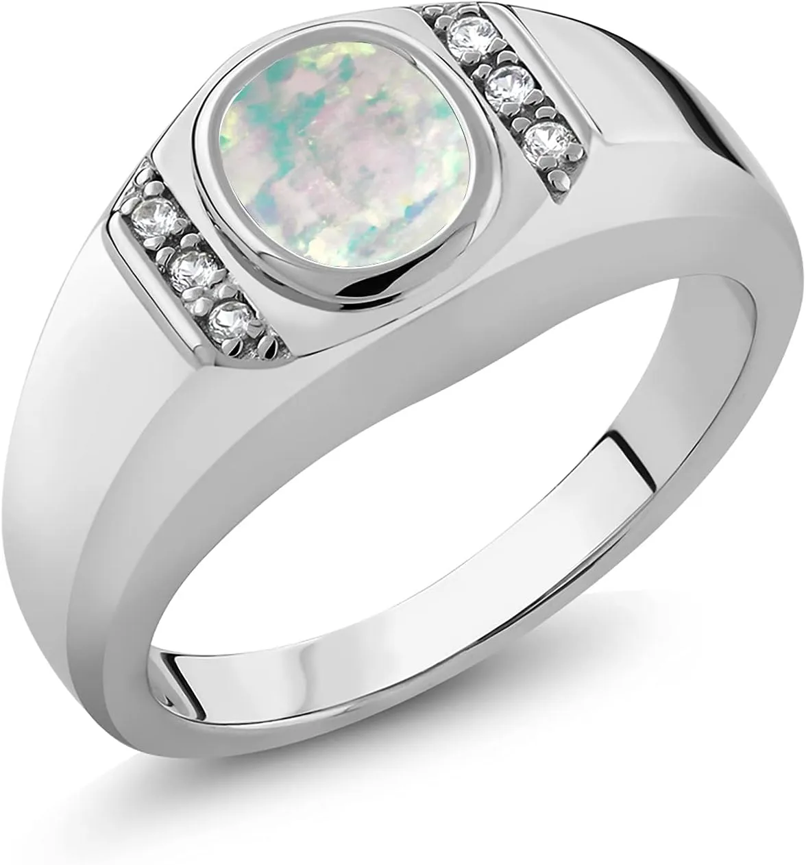 Gem Stone King Men's Gemstone Birthstone and White Created Sapphire Ring in 925 Sterling Silver | Oval Cut 8X6MM with Round 1.25MM Accents | Fine Jewelry For Men | Sizes 7-13