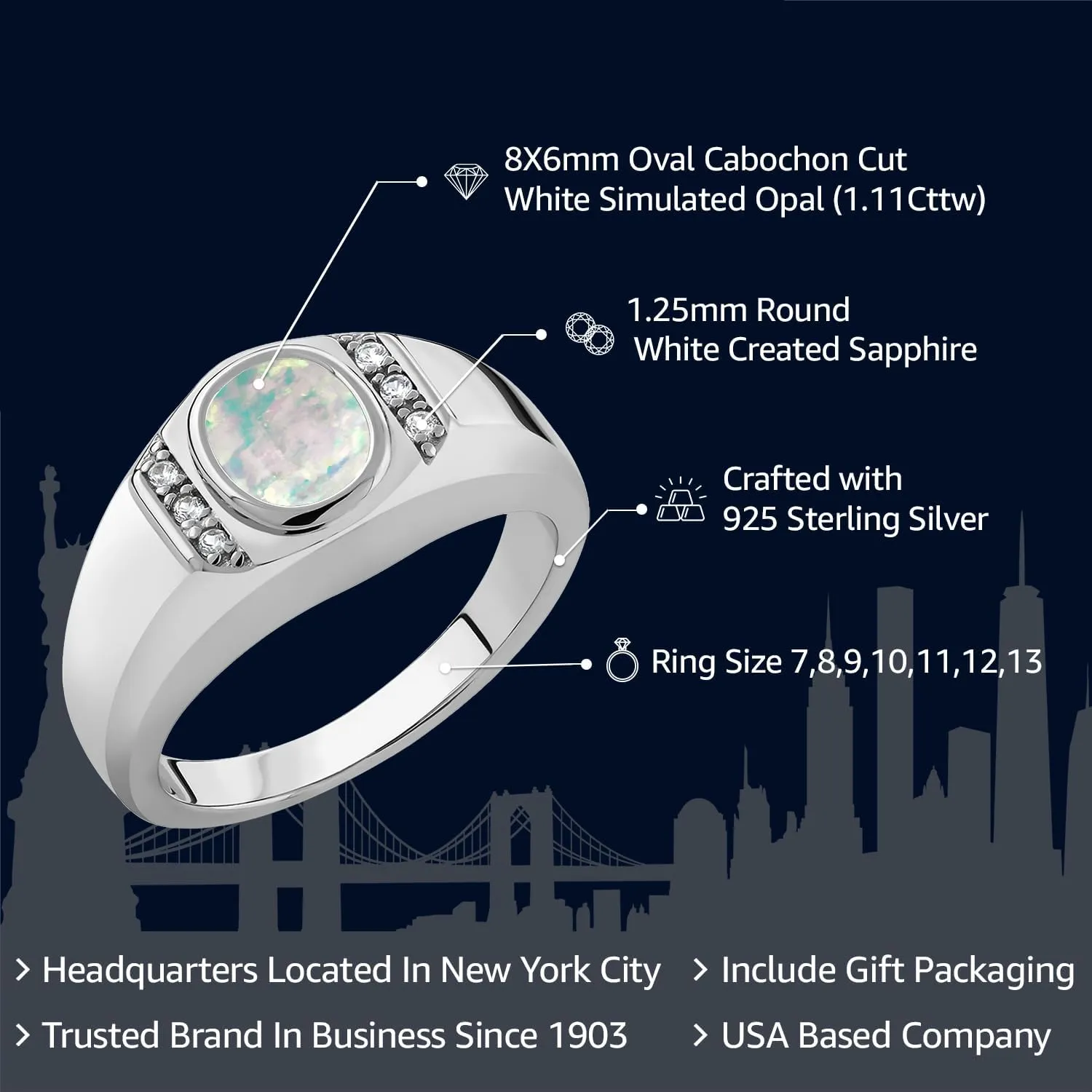 Gem Stone King Men's Gemstone Birthstone and White Created Sapphire Ring in 925 Sterling Silver | Oval Cut 8X6MM with Round 1.25MM Accents | Fine Jewelry For Men | Sizes 7-13