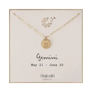 Gemini Pendant Necklace for Women, 14K Gold Filled Zodiac Sign Jewelry, Personalized June Birthday Gift for Gemini Lovers