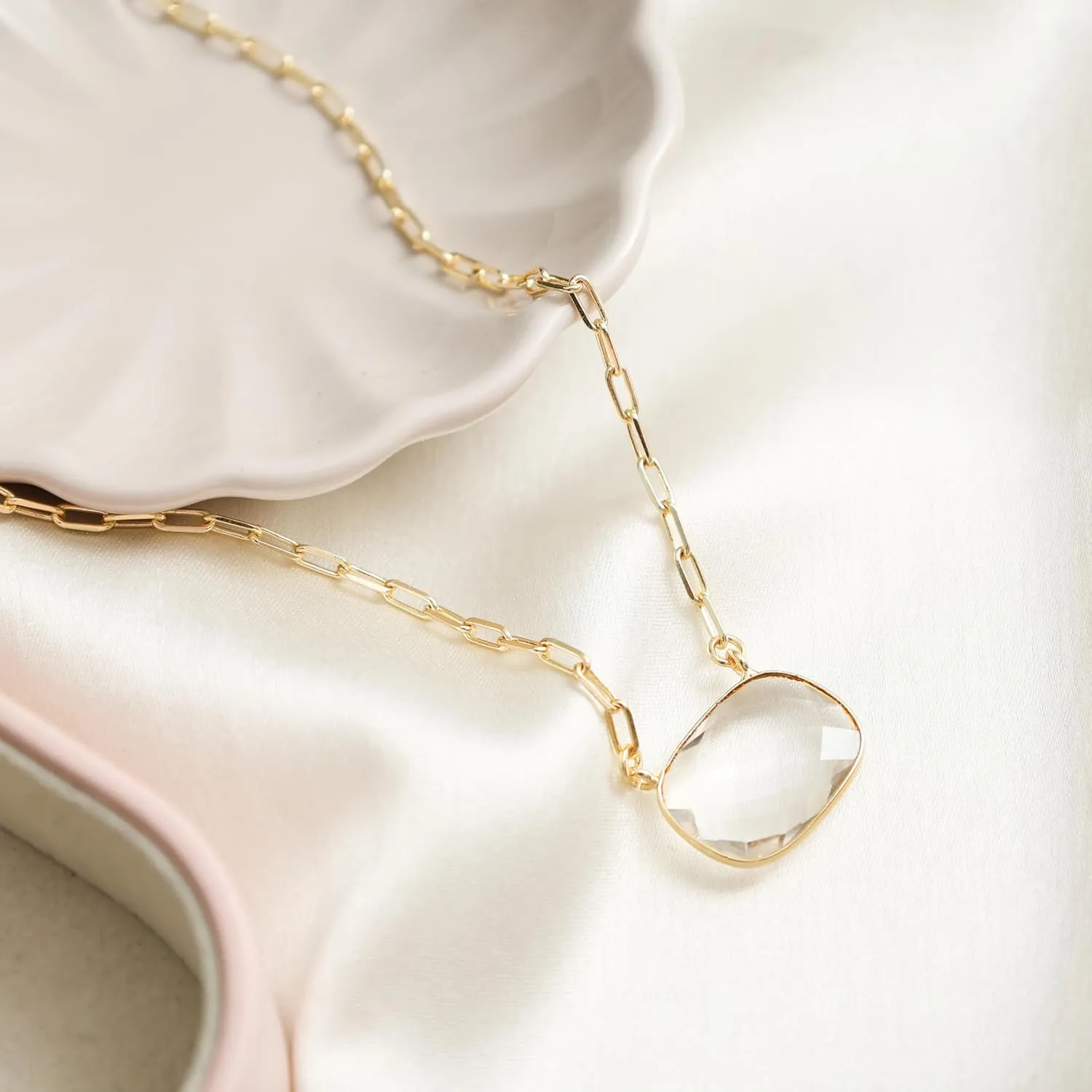 Gempires Clear Quartz Crystal Pendant Necklace April Birthstone Gemstone Jewelry Hypoallergenic 18 Inch Gold Plated Paper Clip Statement Necklaces
