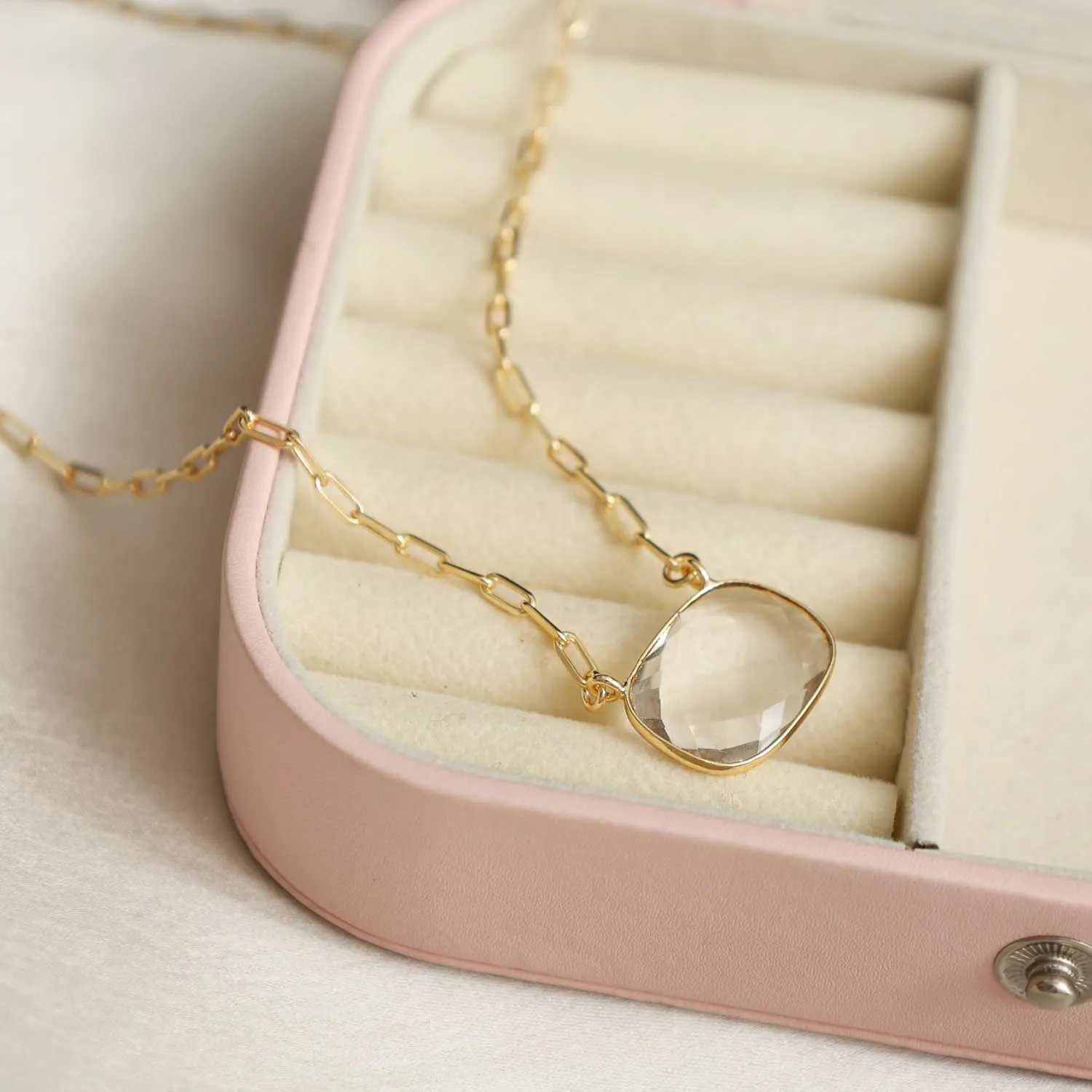 Gempires Clear Quartz Crystal Pendant Necklace April Birthstone Gemstone Jewelry Hypoallergenic 18 Inch Gold Plated Paper Clip Statement Necklaces