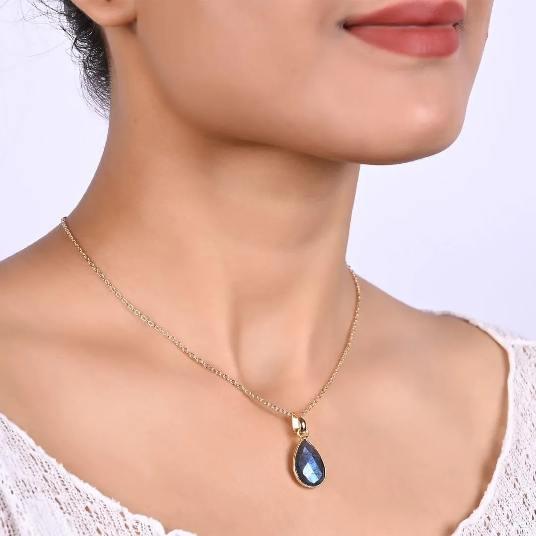 Gempires Lightweight Teardrop Crystal Pendant Necklace Handmade Gemstone Bezel Jewelry Hypoallergenic Unique Everyday Wear Jewelry For Womens 18- Inch Adjustable Chain