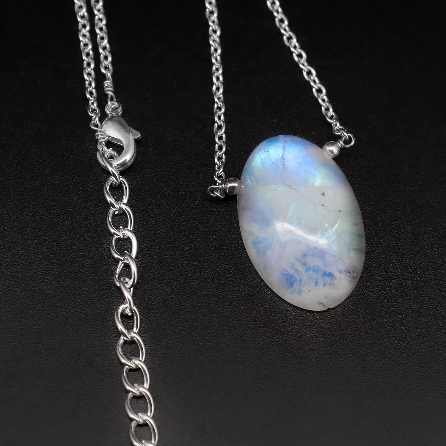 Gempires Rainbow Moonstone Pendant Necklace June Birthstone Gemstone Jewelry Hypoallergenic Silver Plated 18-inch Lightweight Oval Crystal Necklaces