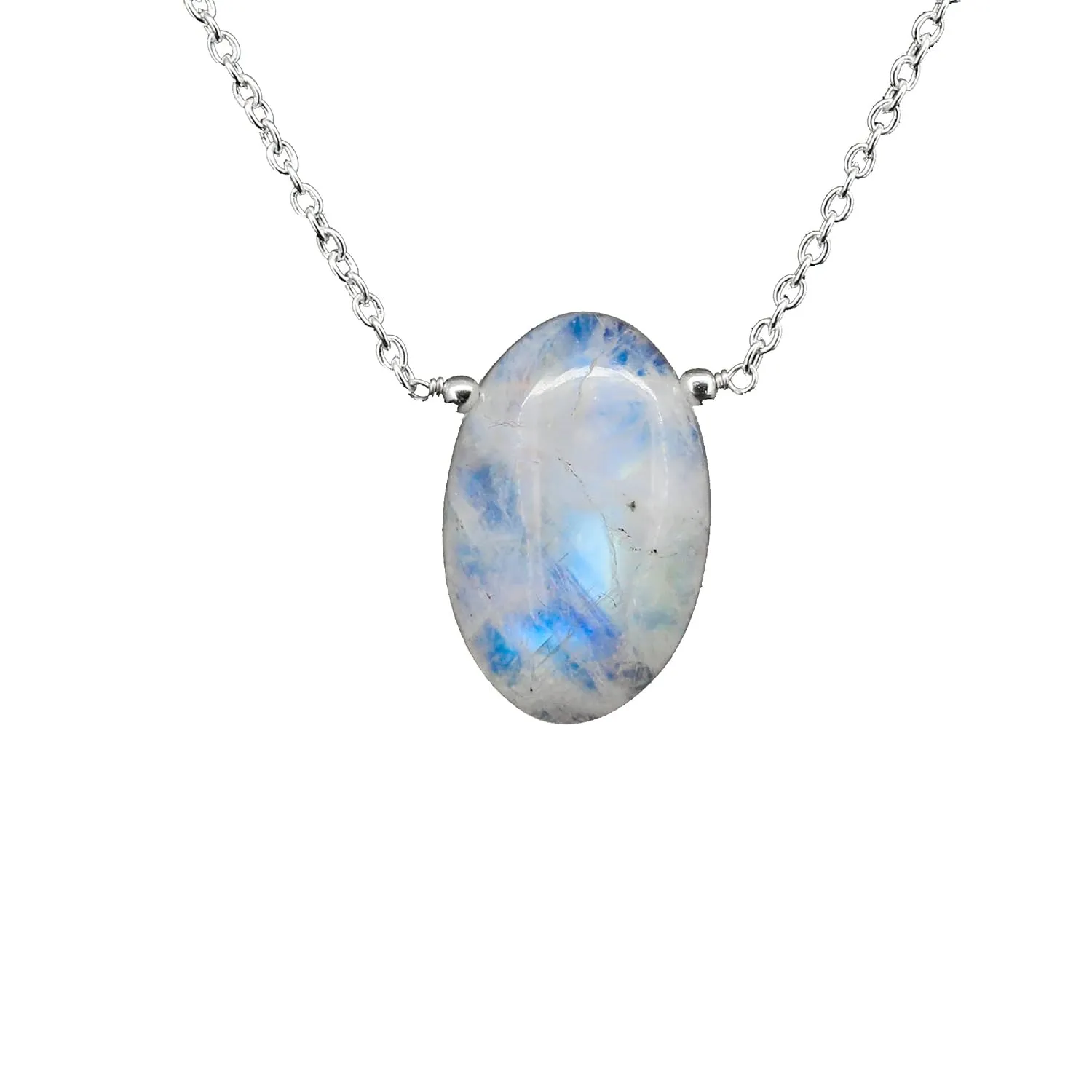 Gempires Rainbow Moonstone Pendant Necklace June Birthstone Gemstone Jewelry Hypoallergenic Silver Plated 18-inch Lightweight Oval Crystal Necklaces