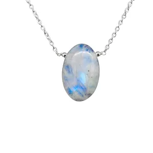 Gempires Rainbow Moonstone Pendant Necklace June Birthstone Gemstone Jewelry Hypoallergenic Silver Plated 18-inch Lightweight Oval Crystal Necklaces
