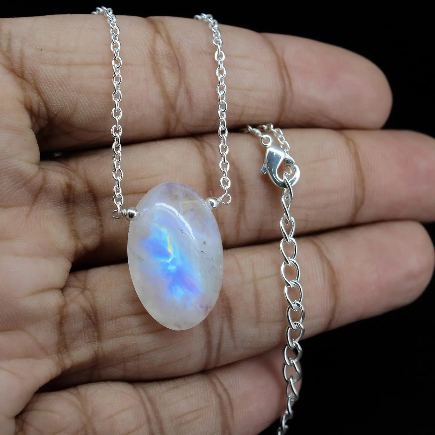 Gempires Rainbow Moonstone Pendant Necklace June Birthstone Gemstone Jewelry Hypoallergenic Silver Plated 18-inch Lightweight Oval Crystal Necklaces