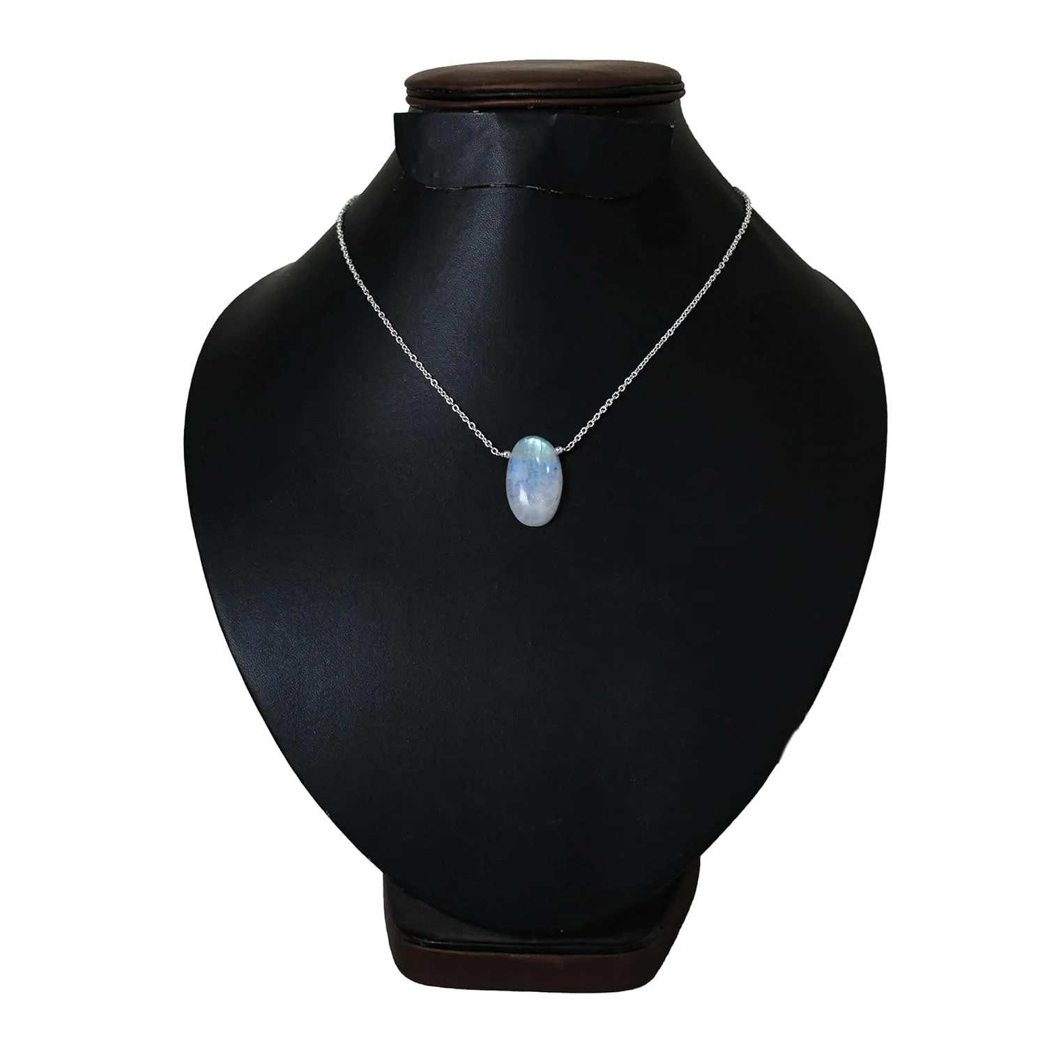 Gempires Rainbow Moonstone Pendant Necklace June Birthstone Gemstone Jewelry Hypoallergenic Silver Plated 18-inch Lightweight Oval Crystal Necklaces