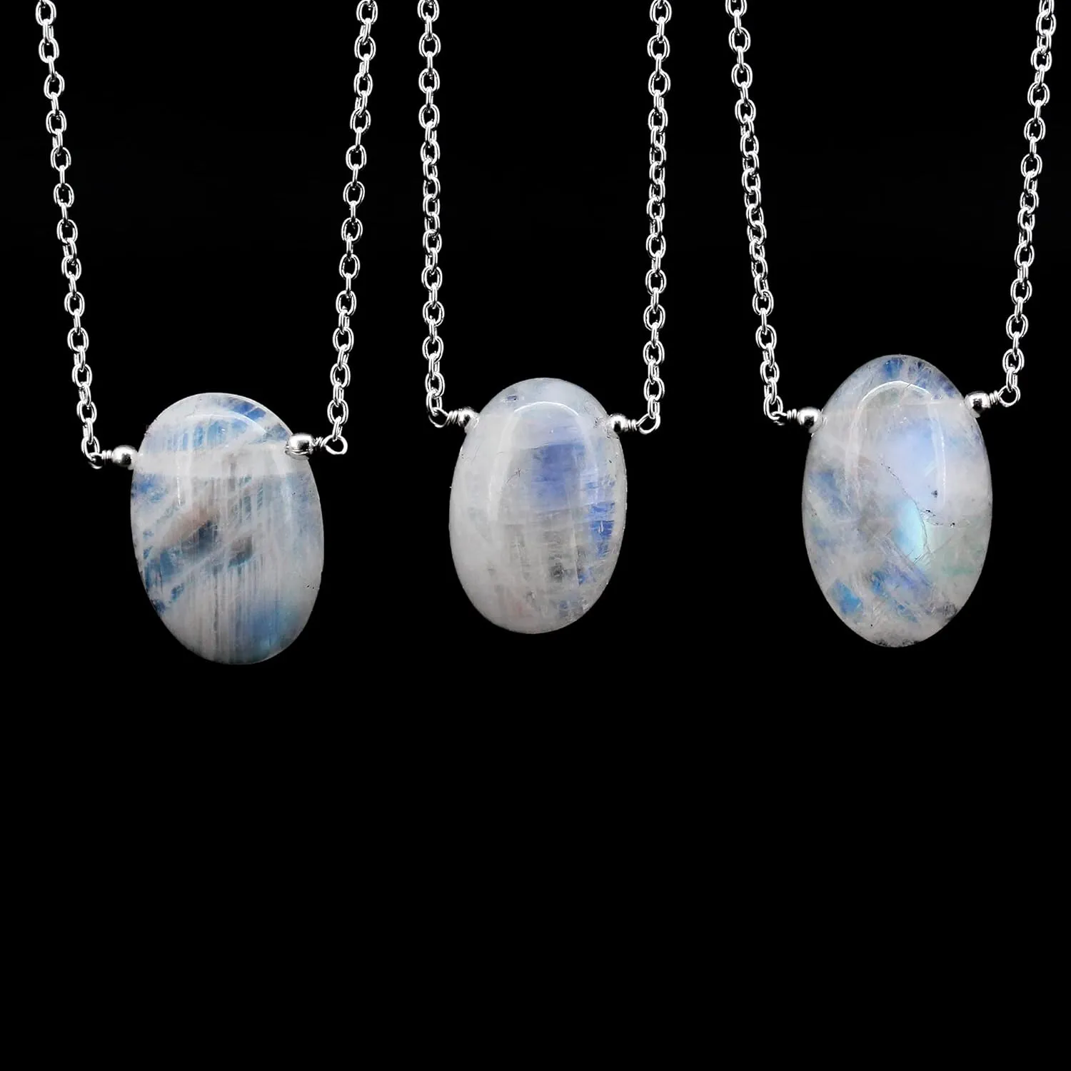 Gempires Rainbow Moonstone Pendant Necklace June Birthstone Gemstone Jewelry Hypoallergenic Silver Plated 18-inch Lightweight Oval Crystal Necklaces