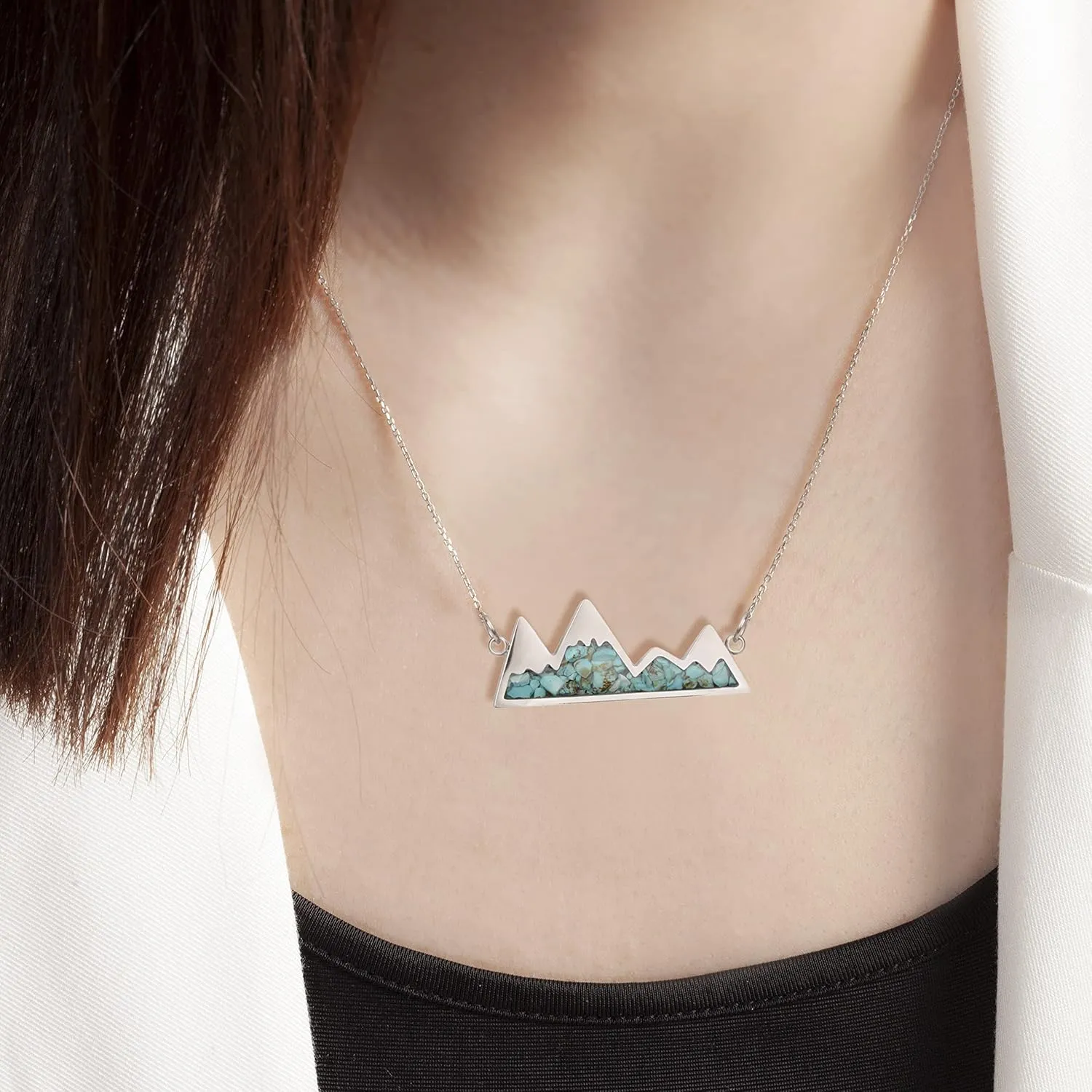 Gemstone Mountain Necklace for Women Turquoise Malachite Tumbled Chips Stone Pendant Necklace Dainty Snowy Mountain Range Necklace for Women Nature Jewelry Gift